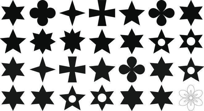 Vintage black star silhouette vector element collection set with celestial sparkle cross flower shapes isolated on a white background