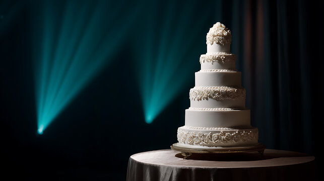 Elegant multi-tier white celebration cake with ornate decorations, illuminated dramatically by vibrant turquoise spotlights against a dark, evocative background
