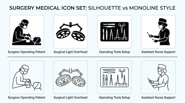 Surgery medical icon set, silhouette and monoline style surgeon operating patient, surgical light overhead, operating tools setup, and assistant nurse support icons
