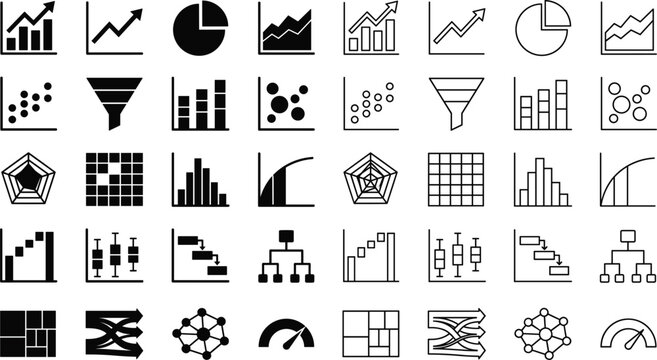 Business data analytics chart and graph icon vector collection set with line bar pie flowchart and funnel symbols isolated on white background