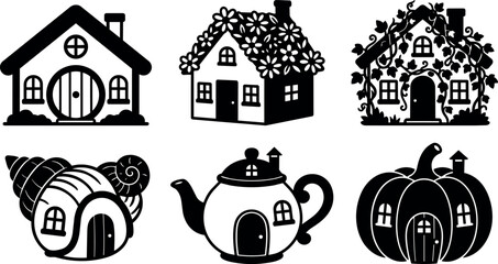 Naklejka premium Black and white silhouette six fantasy houses including flower roof and pumpkin house