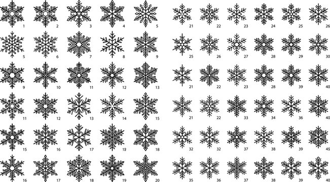 Winter Christmas snowflake black silhouette icon vector element collection mega set with detailed ornate decorative ice crystals isolated on white background