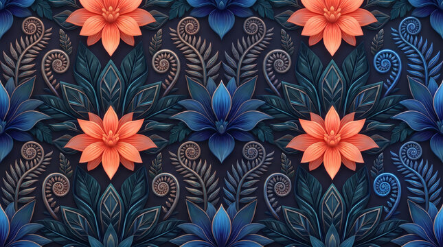 Ornate floral pattern with coral dahlia flowers and blue lotus blooms on dark teal background