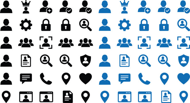 User profile account and corporate team avatar icon vector black blue glyph collection set with admin settings security isolated on white background