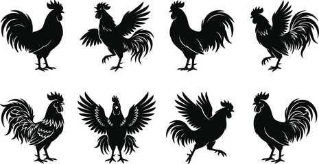 Vintage black rooster and cockerel silhouette vector element collection set with crows and standing farm poultry birds isolated on white background © MDSaiful