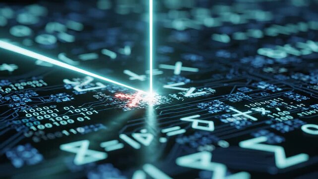 Closeup of illuminated circuit board with binary code emphasizing futuristic concepts and connectivity