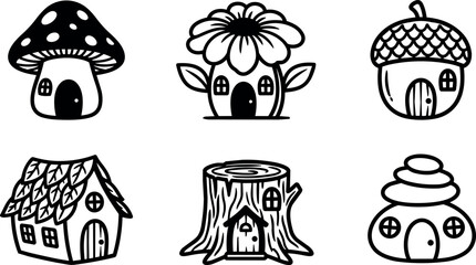 Naklejka premium Black and white line art fairy story houses with mushroom flower and acorn roofs