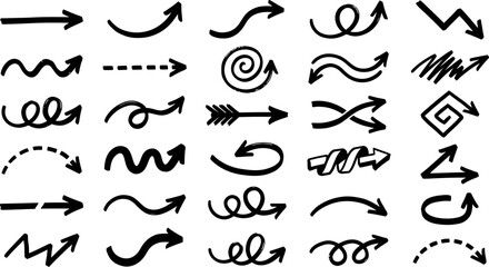 Hand drawn arrow set, 30 black doodle arrows in vector format, sketchy pointer icons for business presentations and creative design projects © SanaMuhyUdDin
