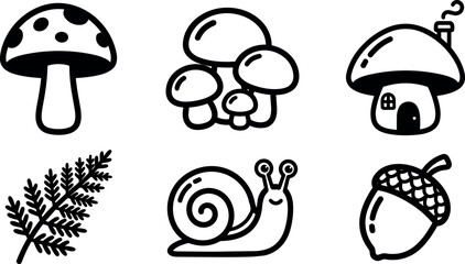 Obraz premium Mushrooms snail acorn and fern vector icons