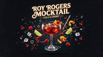 Naklejka premium Delicious Roy Rogers Mocktail with Cola and Cherry Garnishes on Black Background.