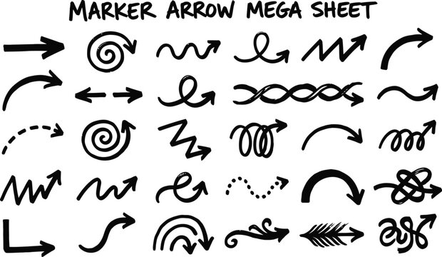 Hand drawn marker arrow mega sheet, black ink sketch pointer collection, decorative felt tip pen doodle arrows for business presentations and infographics