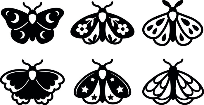 Six decorative moth silhouettes with floral and star patterns