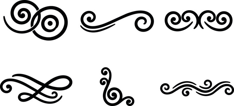 Black swirl and curl ornamental vector art set with elegant lines