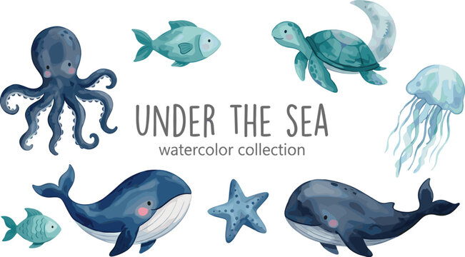 Under the sea watercolor collection with cute marine animals blue whale octopus sea turtle jellyfish fish and starfish isolated on white background vector