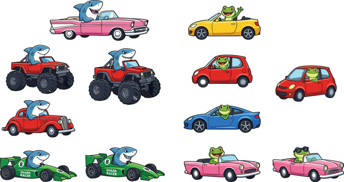 Cute cartoon animal character driving car set with funny shark and green frog steering colorful transport vehicles isolated on white background vector