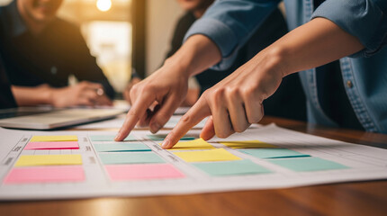 Fototapeta premium Close up photo of two people hands moving sticky notes on kanban board, project planning on wooden desk with colleagues in background.