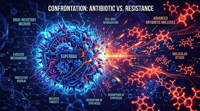 The battle between antibiotic molecules and drug-resistant microbes highlighting key mechanisms and interactions in the process.