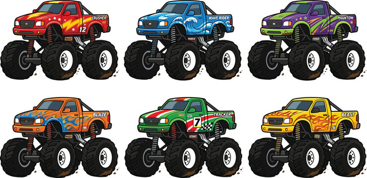 Cartoon monster truck vector illustration set with colorful off road pickup vehicles on giant muddy tires isolated on white background graphic collection