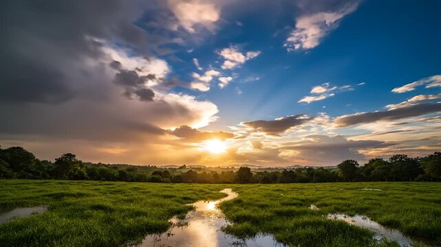 Dramatic Sky Over Green Field with Reflecting Water and Star Trails.