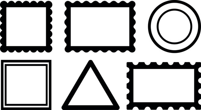 Black mail stamp shapes with scalloped edges and geometric icons