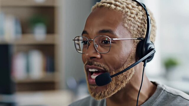 Young male customer service agent with a headset and glasses talking and smiling in a home office