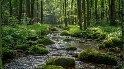 Fototapeta premium Hidden Forest Paradise with Gentle Stream and Mossy Rocks