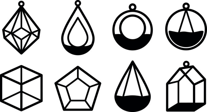 Black and white geometric crystal pendant icons set in line art style