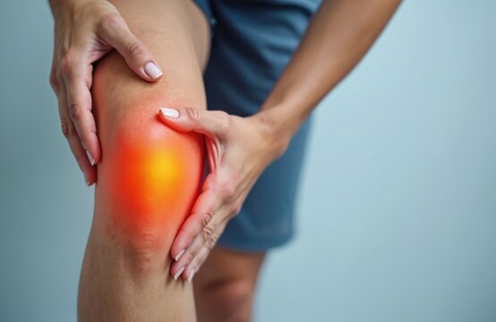 Person touches inflamed knee with bright red pain spot. Sore joint shows visible discomfort and need for medical care or rest. Knee problem causes ache.
