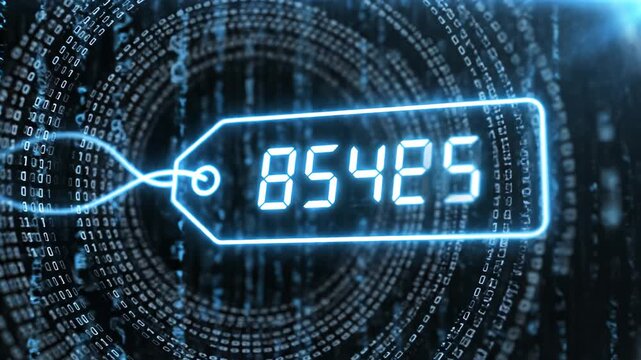 Digital price tag with binary code representing smart infrastructure and data-driven solutions