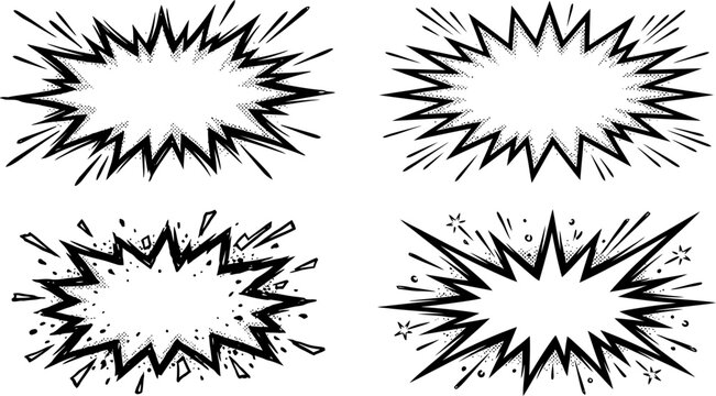 Comic speech bubbles set, hand drawn explosive burst clouds, black and white pop art starburst frames, 4 vector action elements for manga