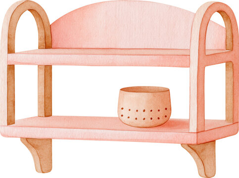 Watercolor pink wooden shelf with a small empty pot isolated on transparent background.