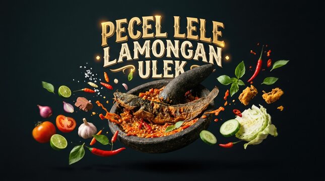 Delicious Indonesian Pecel Lele Lamongan Ulek Dish with Fresh Ingredients.