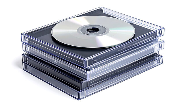 Stack of cd cases with one shiny disc on top, media storage, data backup, music collection, digital archive
