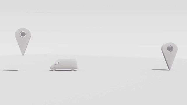 Delivery van animation driving back and forth between location pin markers on minimalist white background