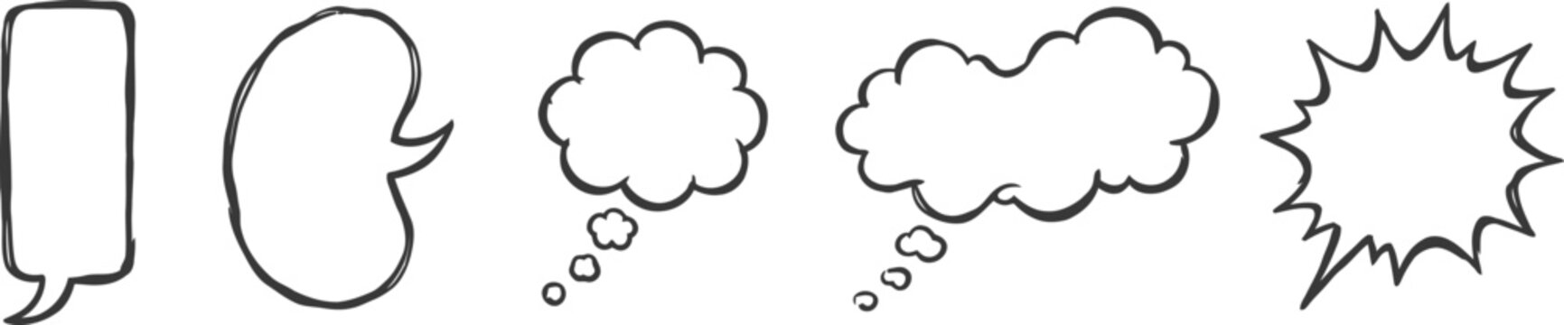 Hand drawn speech bubbles set, black ink comic thought clouds, 5 sketch style dialogue balloons for manga and social media design