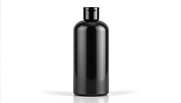 Sleek black plastic bottle with flip-top cap, isolated on a white background, suitable for cosmetic or personal care products, beauty packaging mockup