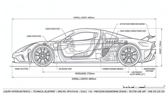 Technical luxury supercar blueprint with lambo vector line art