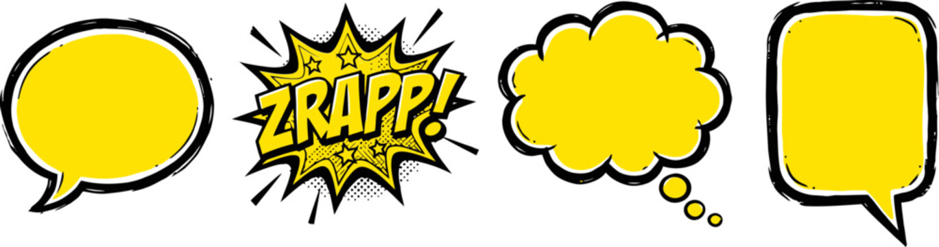 Comic speech bubbles set in pop art style, yellow cartoon thought clouds and explosion frames, 4 vector dialogue elements for graphic design