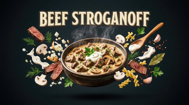 Delicious Beef Stroganoff Dish with Mushrooms and Pasta on Dark Background.