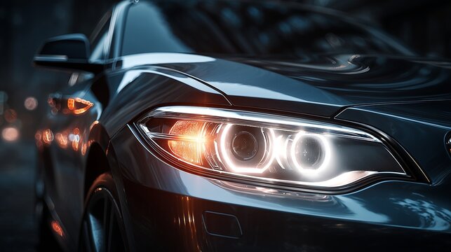 Modern car headlight glowing at night with dramatic reflections, dark urban background and cinematic automotive atmosphere