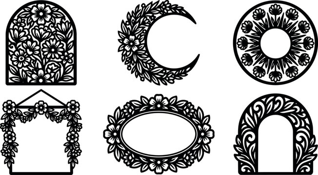 Black and white floral ornamental frame set with crescent shape and circular patterns vector art