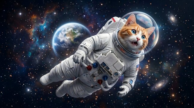 Cat Astronaut Floating in Outer Space with Planet Earth and Galaxies for Cosmic Adventure