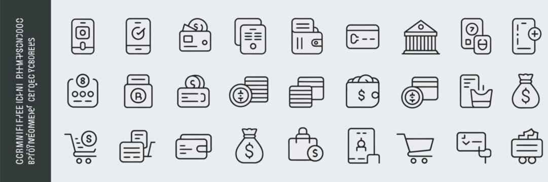 Collection of linear finance and banking icons for mobile payment and digital commerce