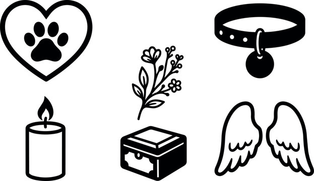 Black and white pet memorial icons with paw heart candle flower box collar and wings