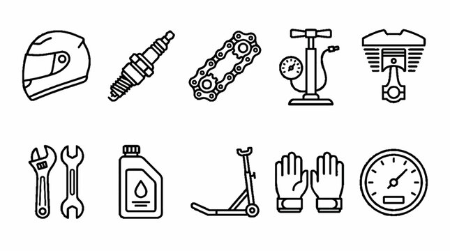 Motorcycle Repair Icons: Helmet, Spark Plug, Chain, Tools, Engine, Gauge