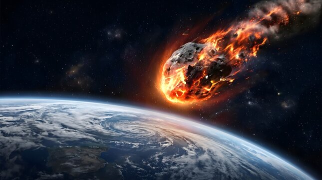 Asteroid with Fiery Tail Approaching Earth in Space a Dramatic Illustration of a Cosmic Impact Scenario
