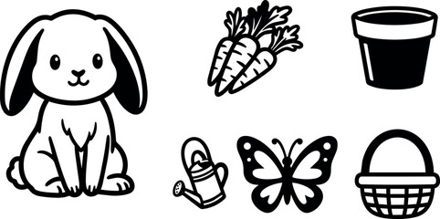 Fototapeta premium Bunny carrots pot watering can butterfly and basket icons