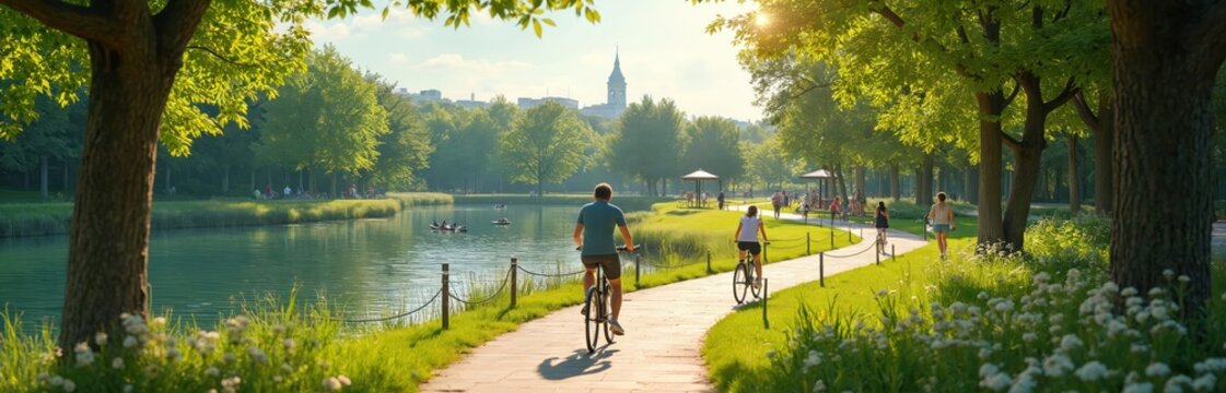 People cycle and walk on path in sunny green park. Lake with boats and city skyline in background. Trees and green grass surround people enjoying summer day.
