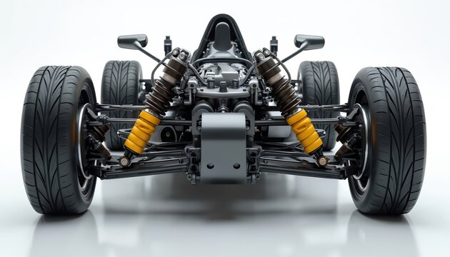 Close-up on formula car front suspension assembly with tires. Shows shock absorbers springs struts control arms and steering components. Detailed view of automotive engineering.