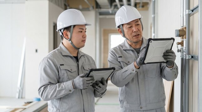 施工中の建設現場で配管設備の点検とOJT教育を行う現場監督